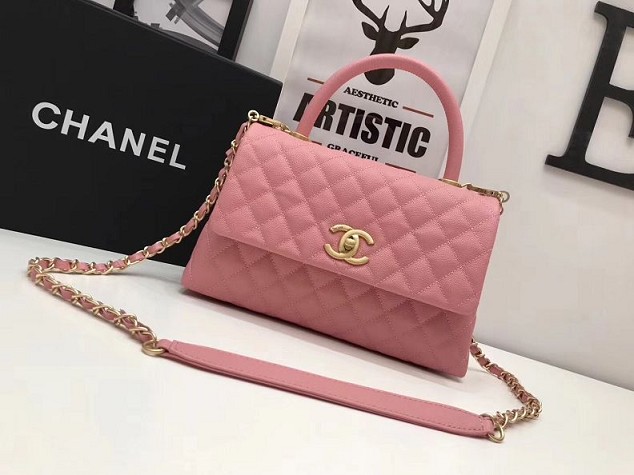 2017 CC original grained leather flap bag with top handle medium A92990 pink