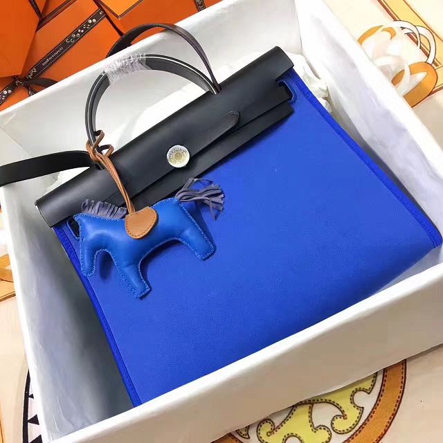Hermes original canvas&calfskin leather small her bag H031 black&blue
