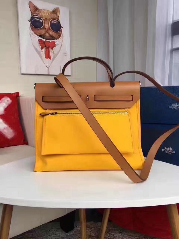 2017 hermes calfskin leather&canvas her bag H31 coffee&yellow