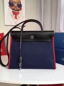 Hermes original canvas&calfskin leather small her bag H031 deep blue&black
