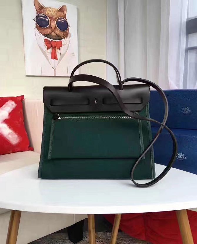 Hermes original canvas&calfskin leather small her bag H031 green&black