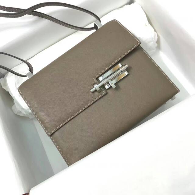 Hermes original epsom leather verrou chaine mini bag V18 gray