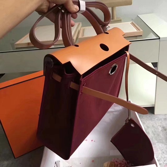 Hermes original canvas&calfskin leather small her bag H031 coffee&bordeaux
