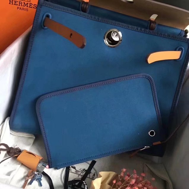 Hermes original canvas&calfskin leather small her bag H031 navy blue&coffee