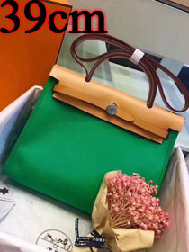 Hermes original canvas&calfskin leather large her bag H039 coffee&green
