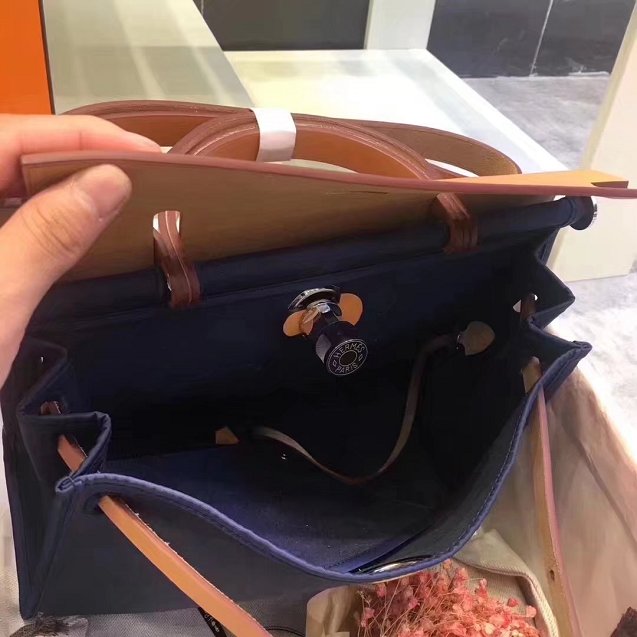 Hermes original canvas&calfskin leather large her bag H039 coffee&dark blue