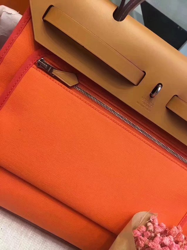 Hermes original canvas&calfskin leather large her bag H039 coffee&orange