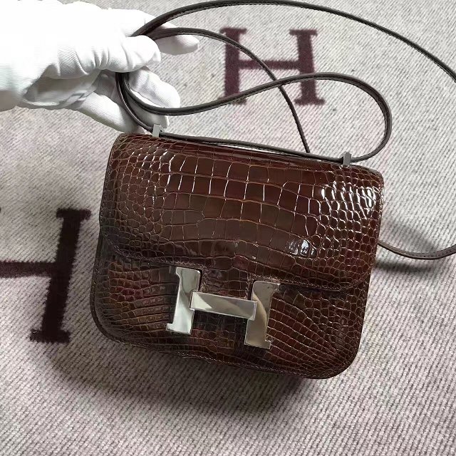 Top hermes 100% genuine crocodile leather constance bag C0023 dark coffee