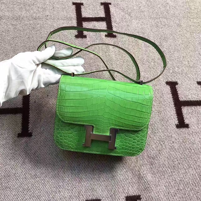 Top hermes 100% genuine crocodile leather constance bag C0023 green