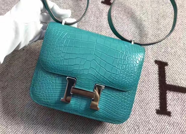 Top hermes 100% genuine crocodile leather constance bag C0023 lake blue