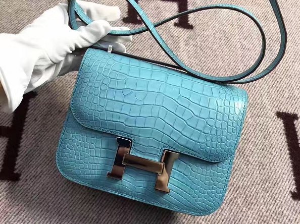 Top hermes 100% genuine crocodile leather constance bag C0023 sky blue