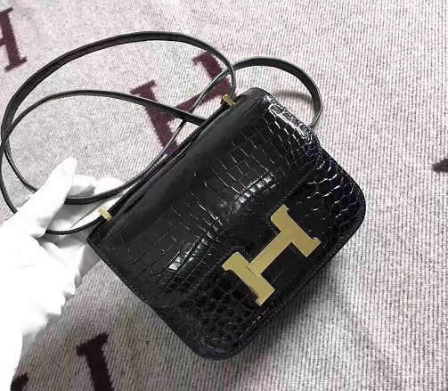 Top hermes 100% genuine crocodile leather small constance bag C0019 black