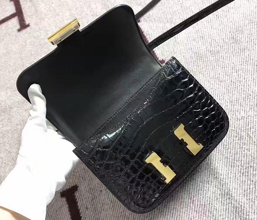 Top hermes 100% genuine crocodile leather small constance bag C0019 black