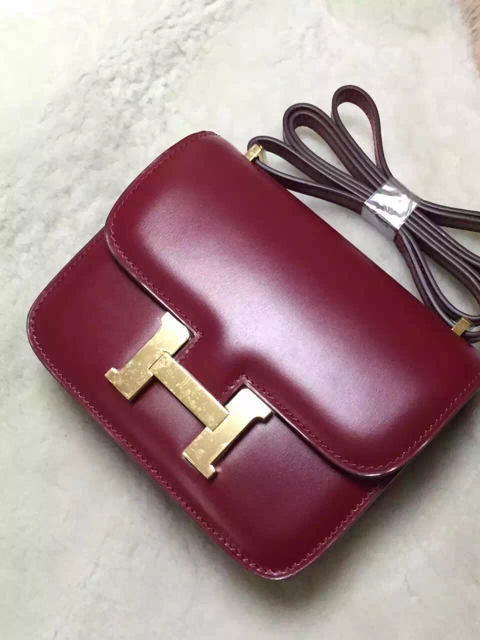 Hermes original box leather small constance bag C019 bordeaux