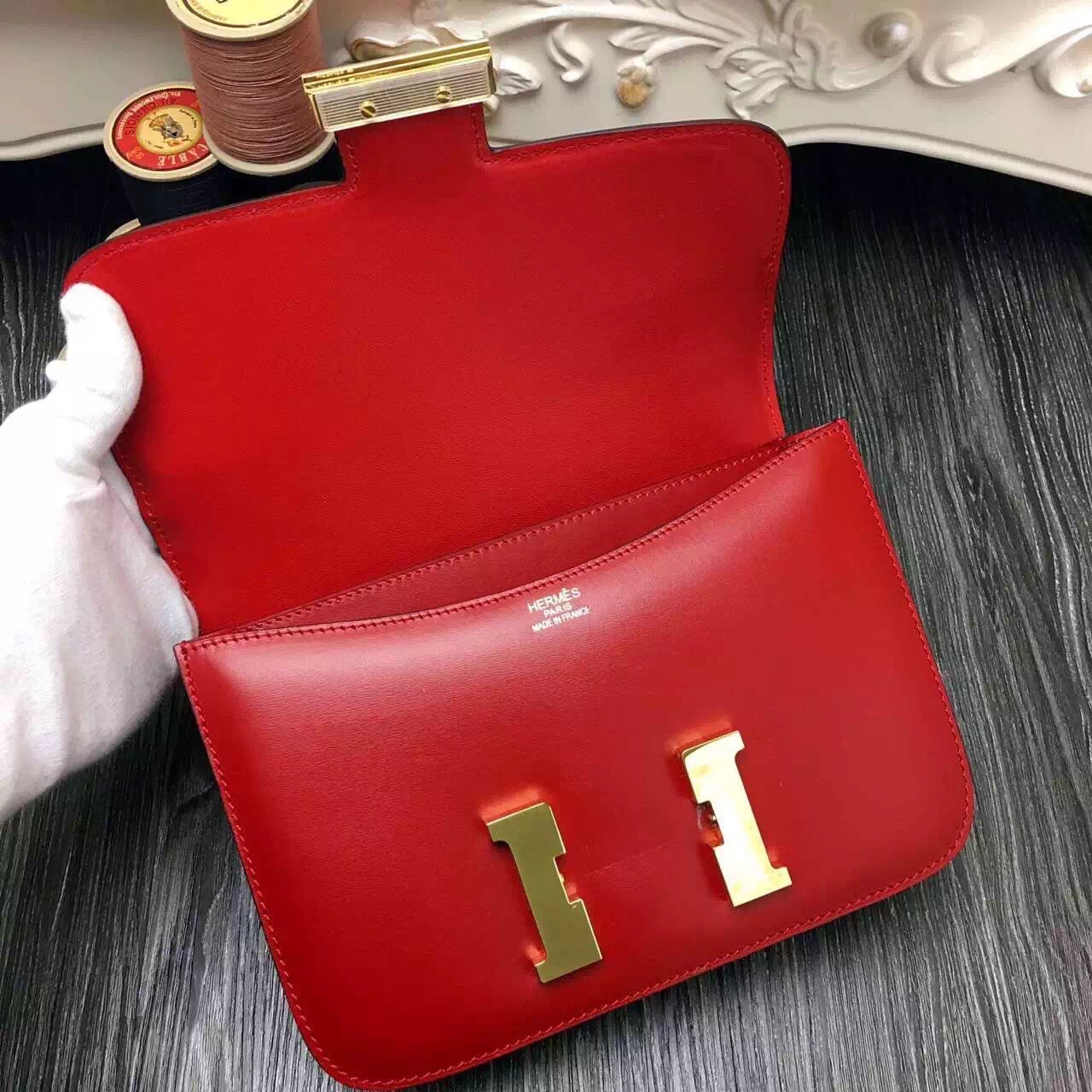 Hermes original box leather small constance bag C019 red