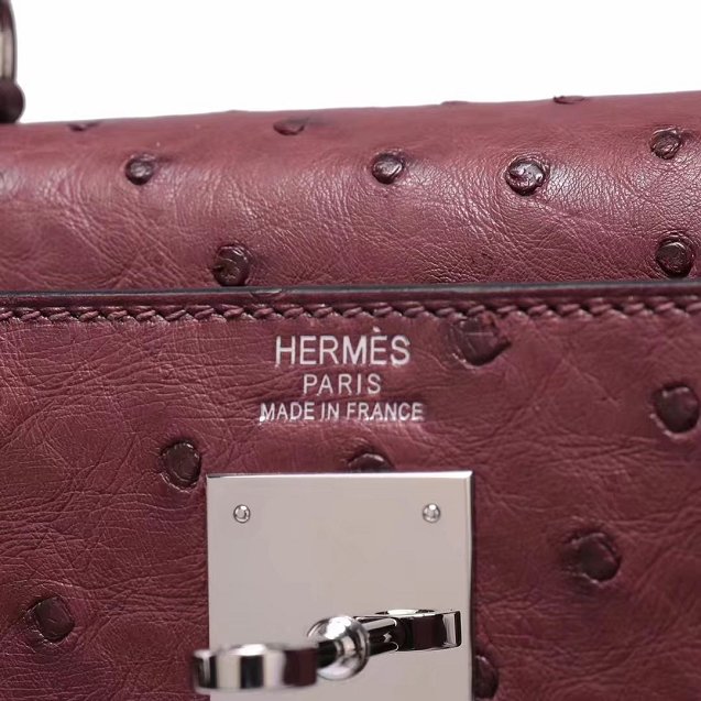 Top hermes genuine 100% ostrich leather handmade kelly 32 bag K320 wine red