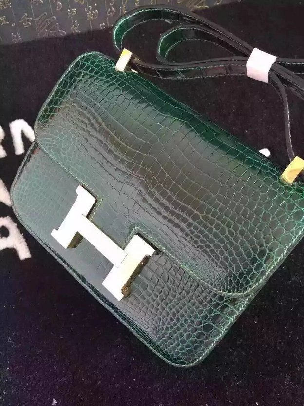 Top hermes 100% genuine crocodile leather constance bag C0023 blackish green