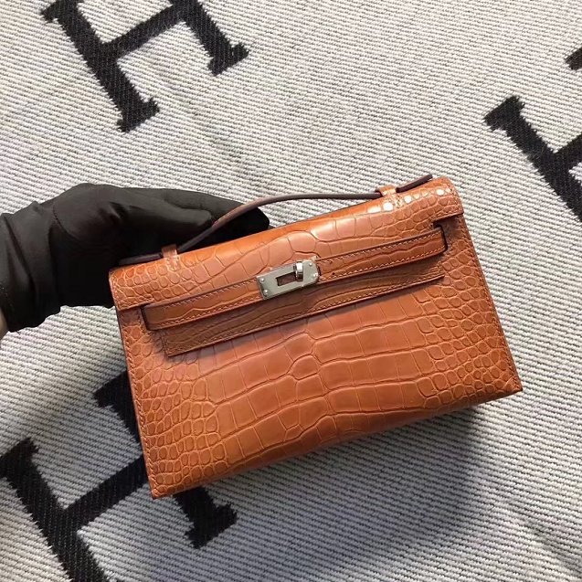 Top hermes genuine 100% crocodile leather handmade mini kelly clutch K220 coffee