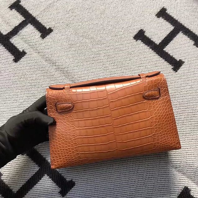 Top hermes genuine 100% crocodile leather handmade mini kelly clutch K220 coffee