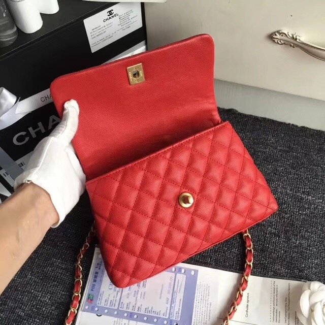 2017 CC original grained leather flap bag with top handle medium A92990 red
