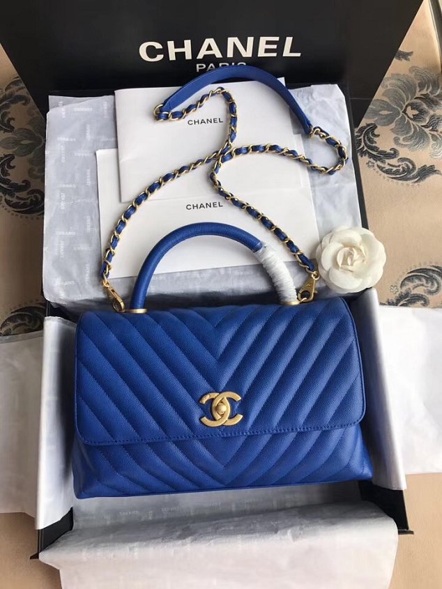 2018 CC original grained calfskin flap bag with top handle A92991 blue