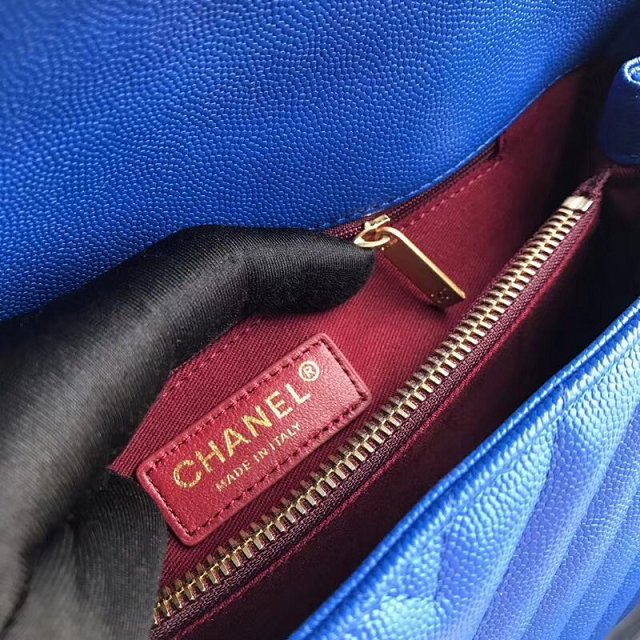 2018 CC original grained calfskin flap bag with top handle A92991 blue