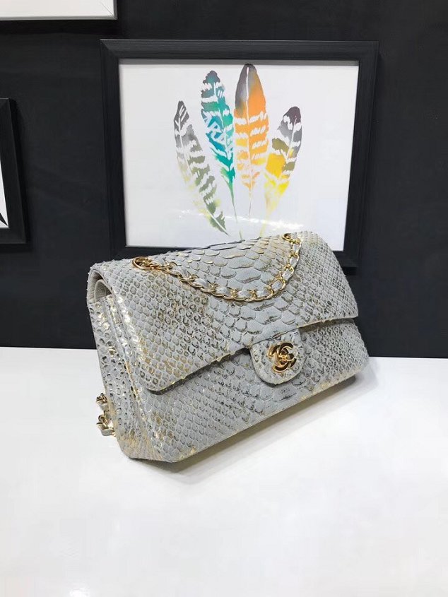 CC original python leather flap bag A01112 light grey&gold