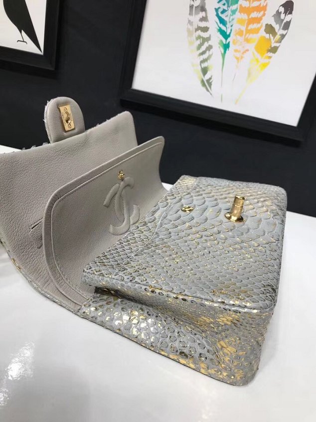 CC original python leather flap bag A01112 light grey&gold