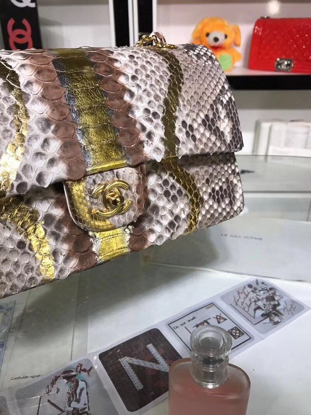 CC original python leather flap bag A01112 gold&white