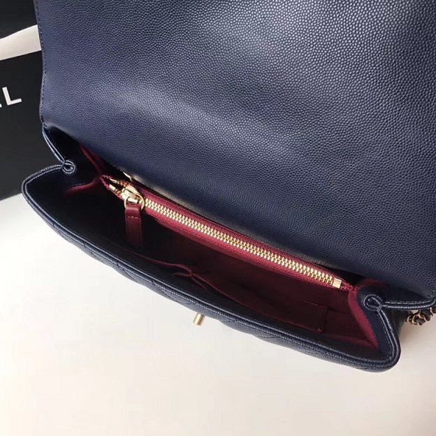 2018 CC original grained calfskin flap bag with top handle A92991 navy blue