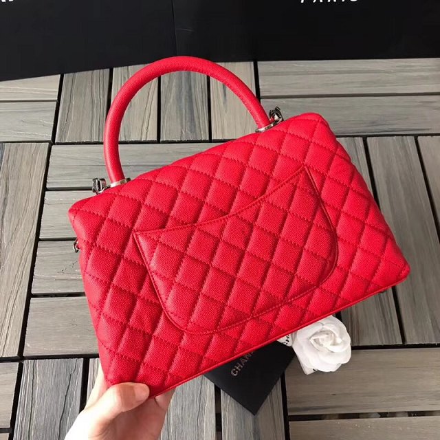 2018 CC original grained calfskin flap bag with top handle A92991 red