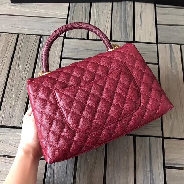2018 CC original grained calfskin flap bag with top handle A92991 wine red