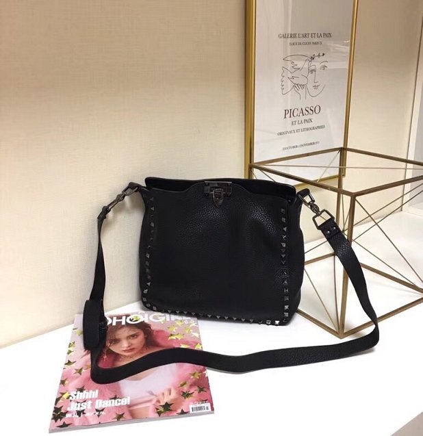 Valentino original calfskin rockstud small hobo bag 0940 black