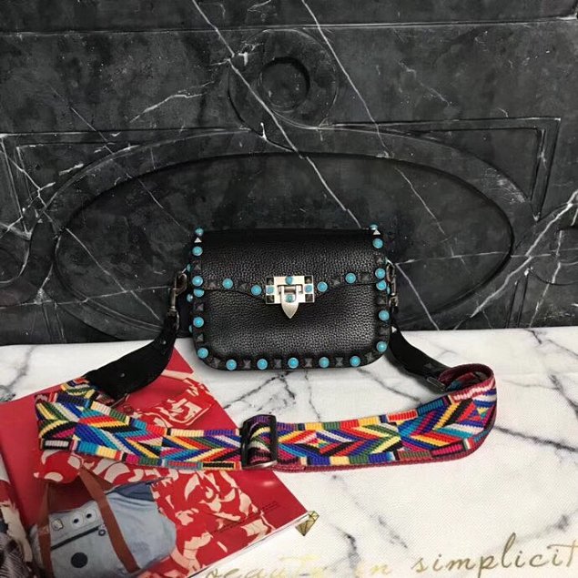 Valentino original calfskin blue-rockstud mini shoulder bag 0124 black