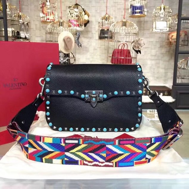 Valentino original grained calfskin blue-rockstud shoulder bag 0125 black