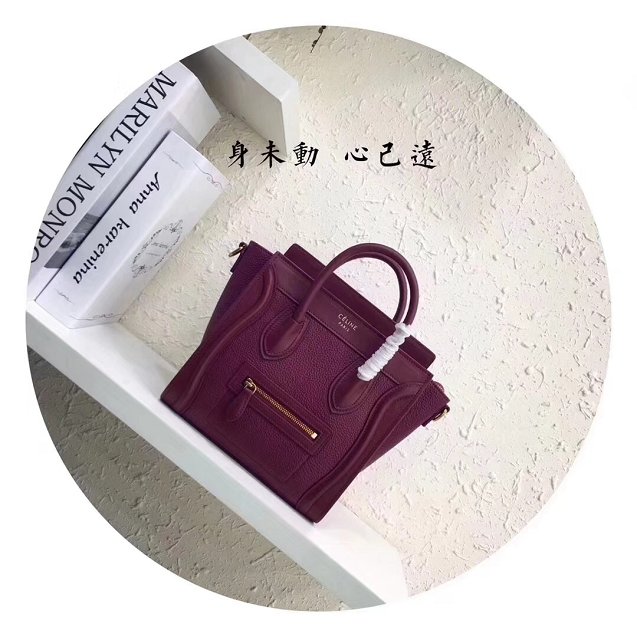Celine original grained&smooth calfskin nano luggage bag 189243 burgundy