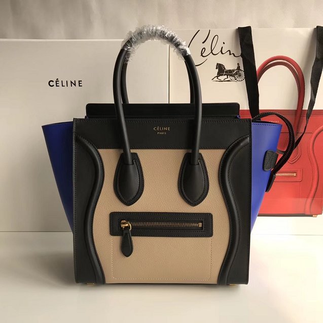 Celine original calfskin micro luggage handbag 189793 apricot&black&blue