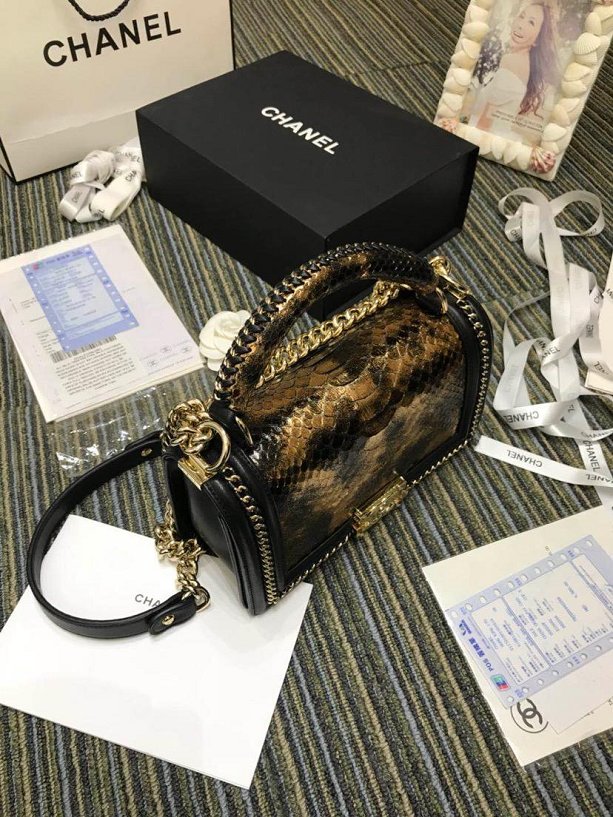 CC original python leather medium le boy handbag A94804 black&gold