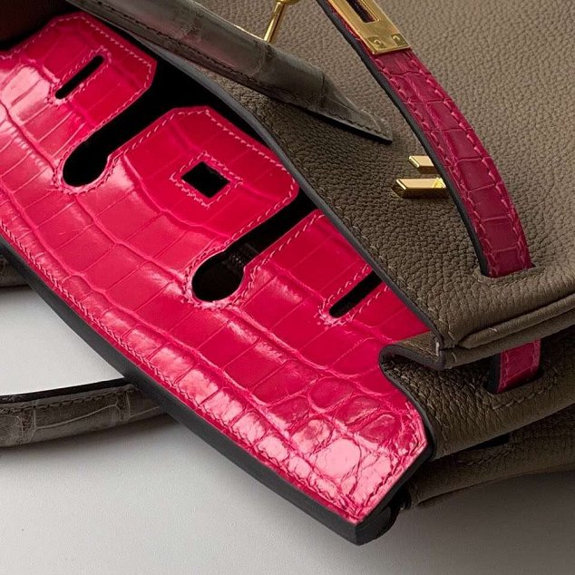 Hermes original handmade crocodile togo leather birkin bag H0035 grey&rose red