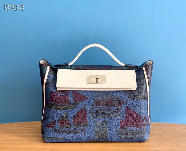 2019 Hermes original handmade printed togo leather kelly 2424 bag H03699 blue