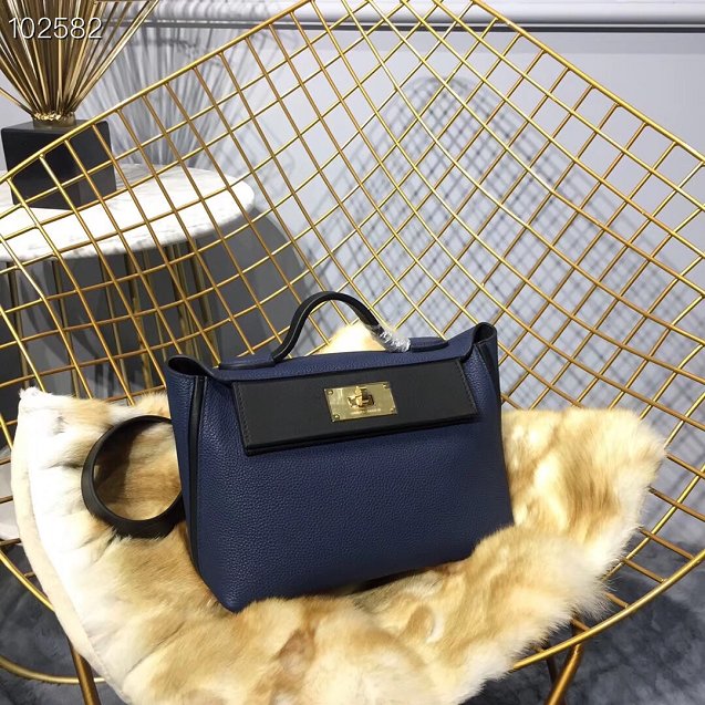 Hermes togo leather kelly 2424 bag H03699 royal blue&black