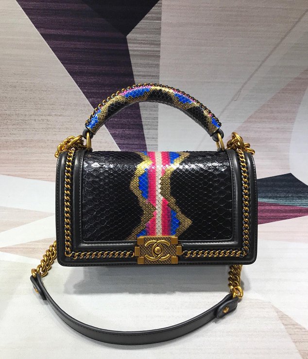 CC original python leather medium le boy handbag A94804 black&gold&rose