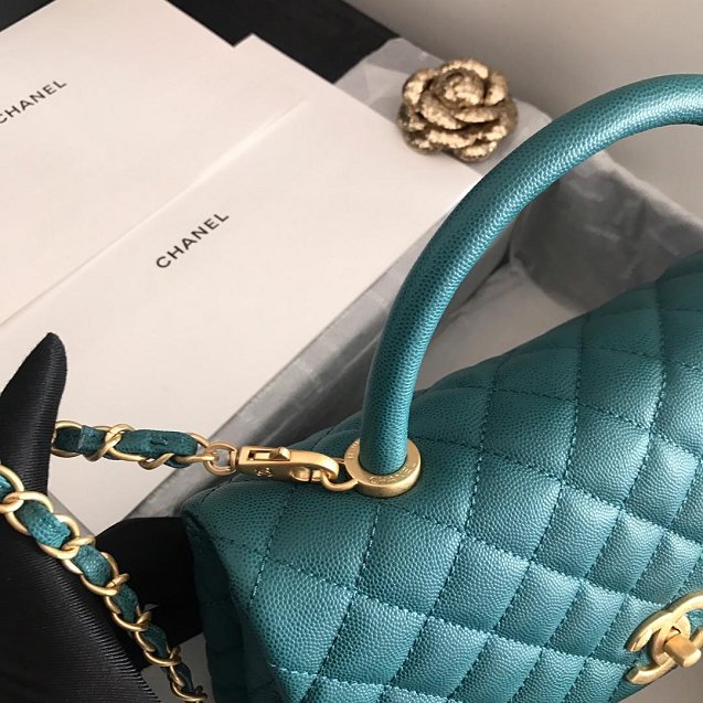 2019 CC original grained calfskin large coco handle bag A92991 turquoise