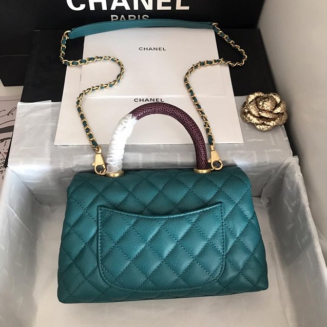 2019 CC original grained calfskin small coco handle bag A92990 turquoise&bordeaux