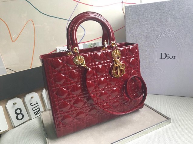 Dior original patent calfskin large lady dior bag 44560 wine red