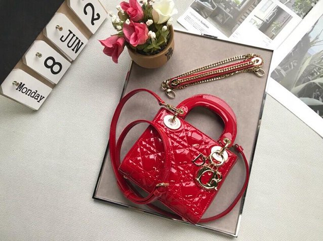Dior original patent calfskin mini lady dior bag M0505 red