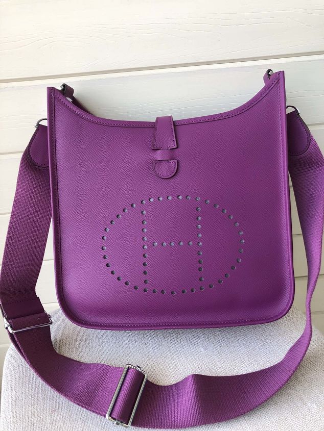 Hermes original epsom leather evelyne pm shoulder bag E28 purple