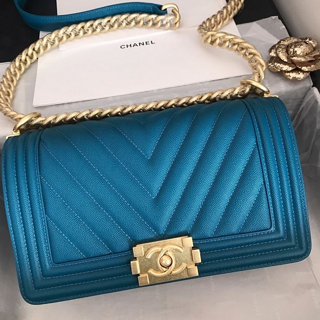 CC original grained calfskin boy handbag A67086-2 turquoise