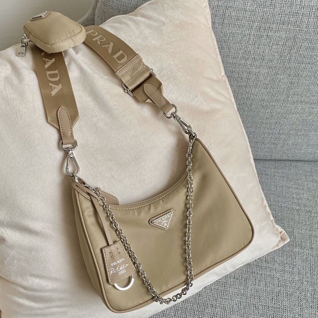 Prada original nylon shoulder bag 1BH204 apricot