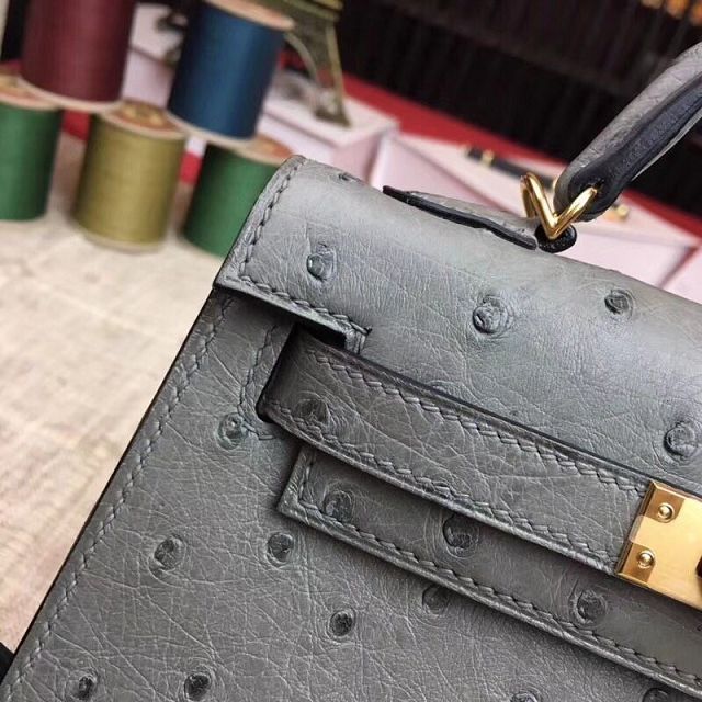 Hermes handmade genuine 100% ostrich leather kelly 19 bag K019 grey